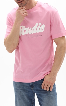 JACK & JONES-Ανδρικό t-shirt JACK & JONES 12234803 JORCABANA SLOGAN TEE SS CREW ροζ